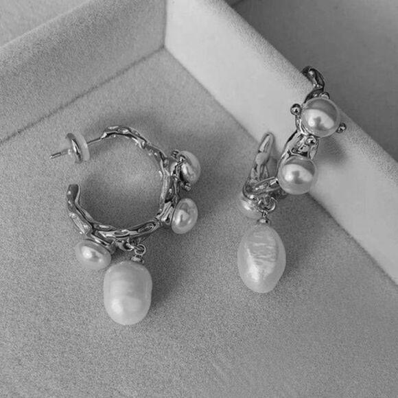 Lunar Branch Pearl Hoops - Picture 1 of 4